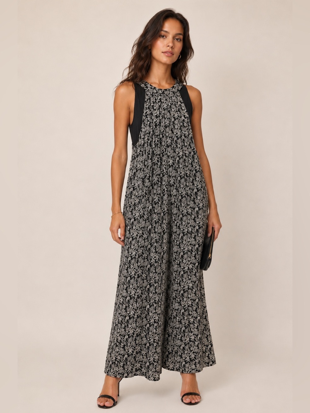 Msk Women's Black And White Floral Halter Wide-Leg Jumpsuit Size L New